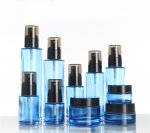 High grade cosmetic glass bottle,Blue bottle with black pump