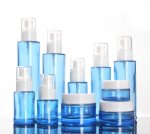 Cosmetic blue glass cream jar,spray and press bottle for lotion